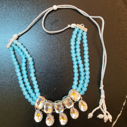 Crystal Elegance Blue Beaded Choker Necklace Set with Drop Earrings