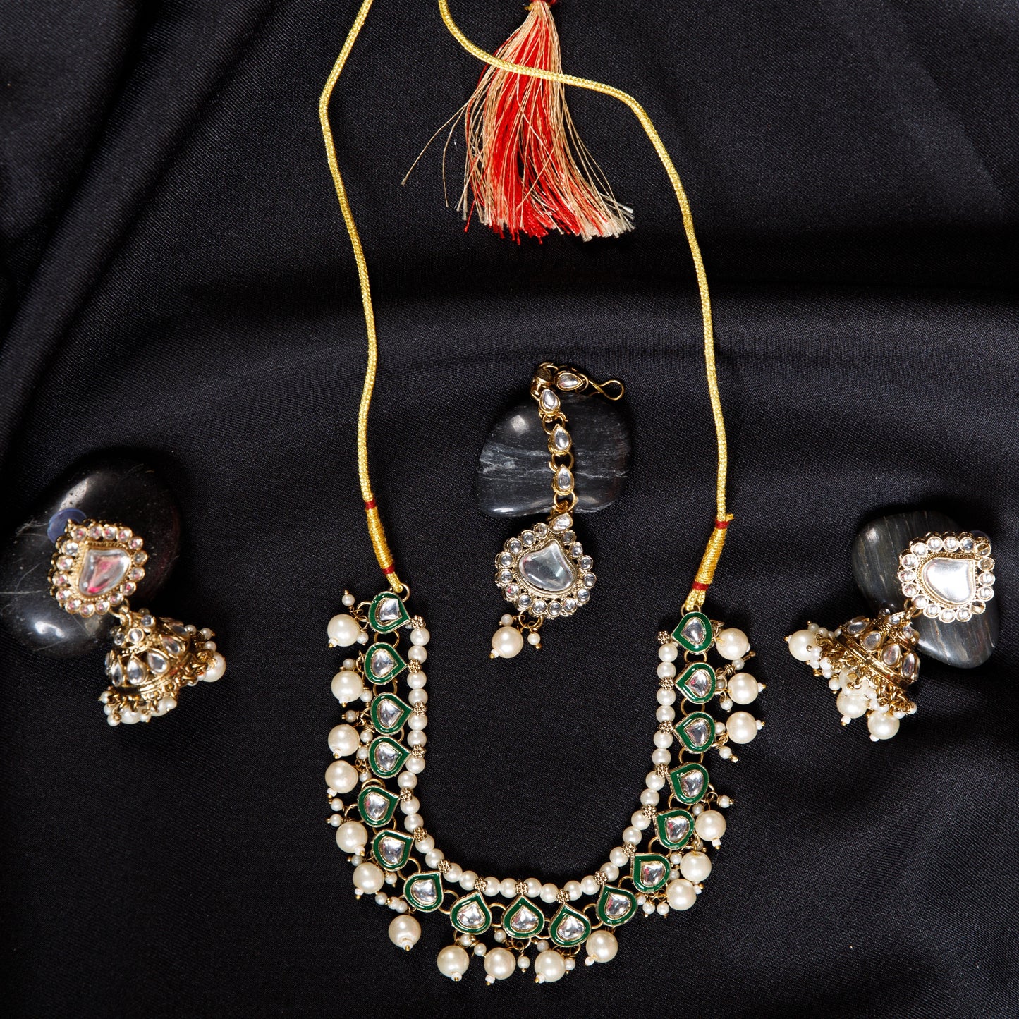 Premium Green Kundan Choker Set with Pearl Drops and Maang Tikka