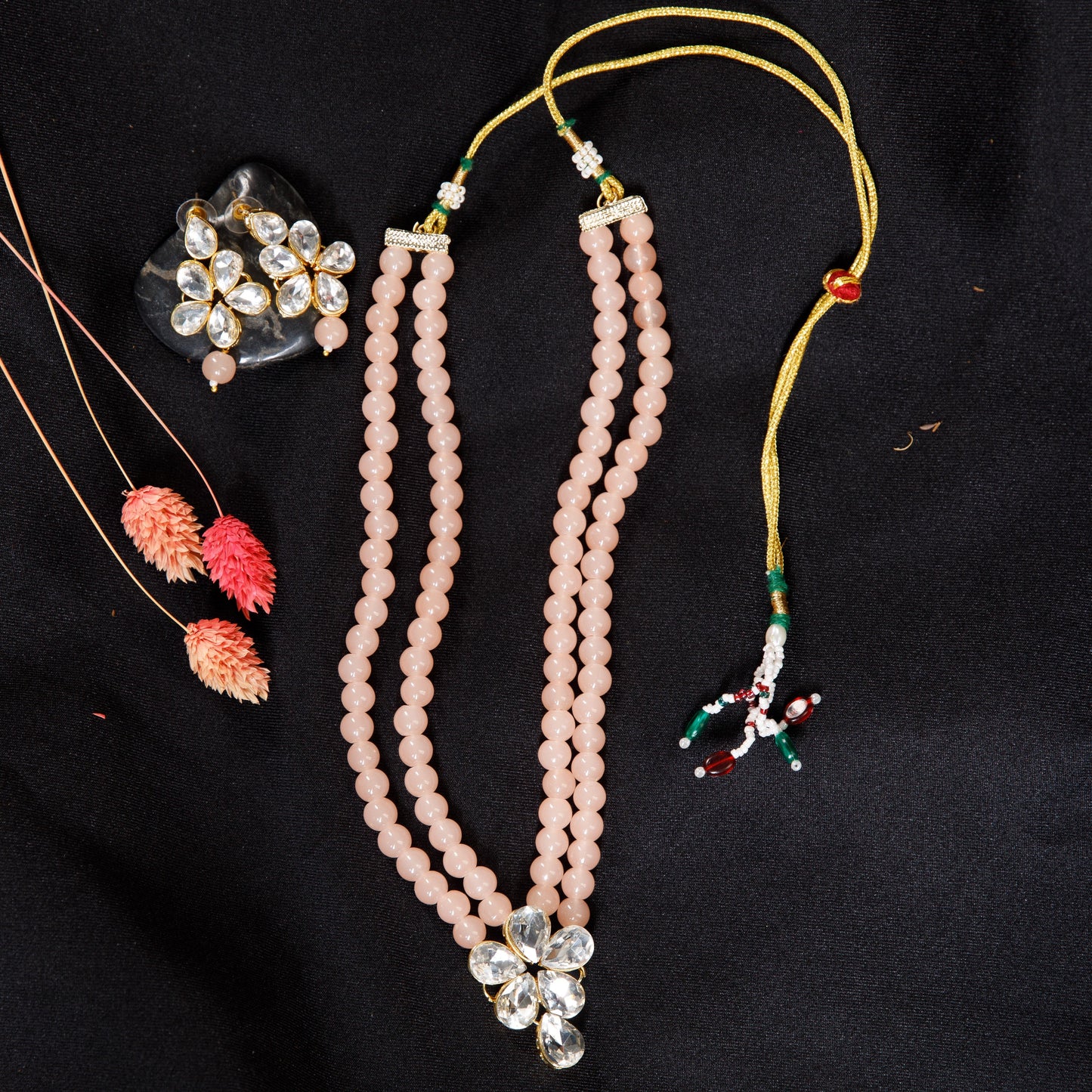 Peach Beaded Floral Crystal Necklace Set with Statement Earrings