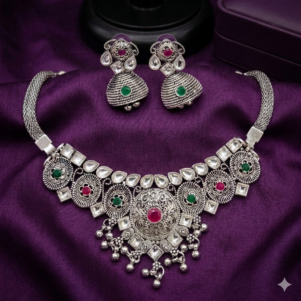 Oxidised Stone Studded Choker Necklace Set