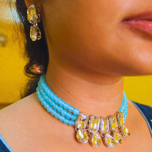 Crystal Elegance Blue Beaded Choker Necklace Set with Drop Earrings