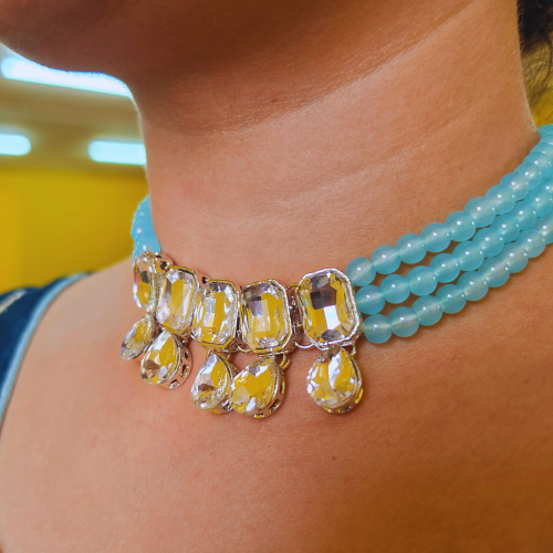 Crystal Elegance Blue Beaded Choker Necklace Set with Drop Earrings