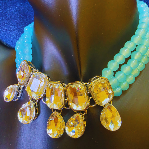 Crystal Elegance Blue Beaded Choker Necklace Set with Drop Earrings