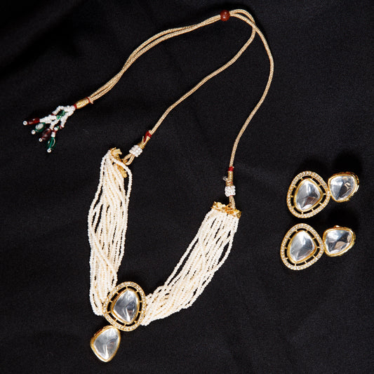 White Pearl Kundan Necklace Set with Statement Earrings