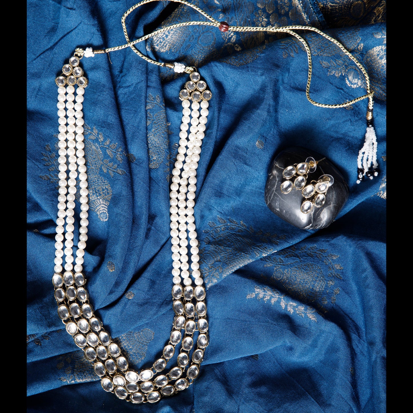 White Pearl & Kundan Layered Necklace Set with Statement Earrings