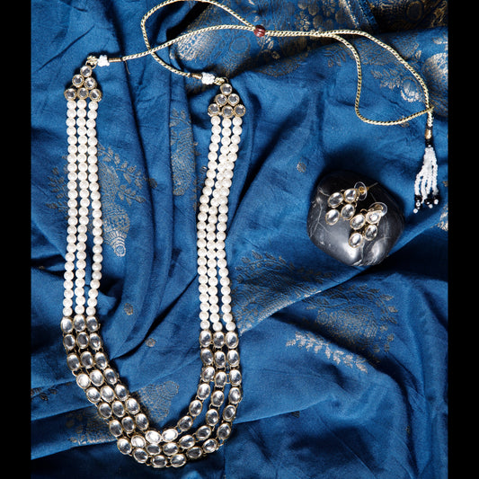 White Pearl & Kundan Layered Necklace Set with Statement Earrings