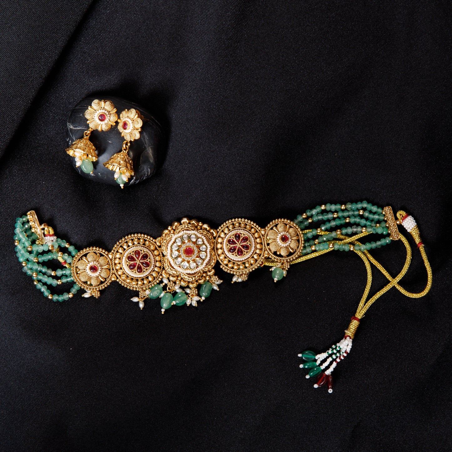 Classic Charm Emerald Green Beaded Statement Necklace Set