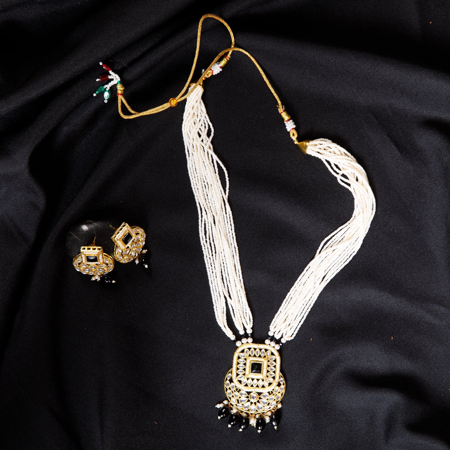 White Pearl Kundan Pendant Necklace Set with Statement Earrings