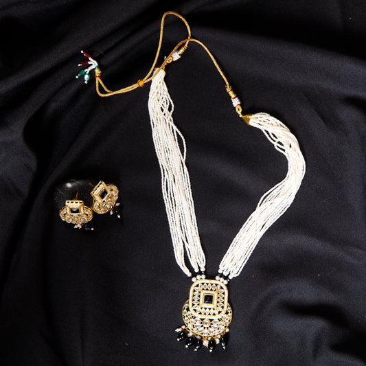 White Pearl Kundan Pendant Necklace Set with Statement Earrings