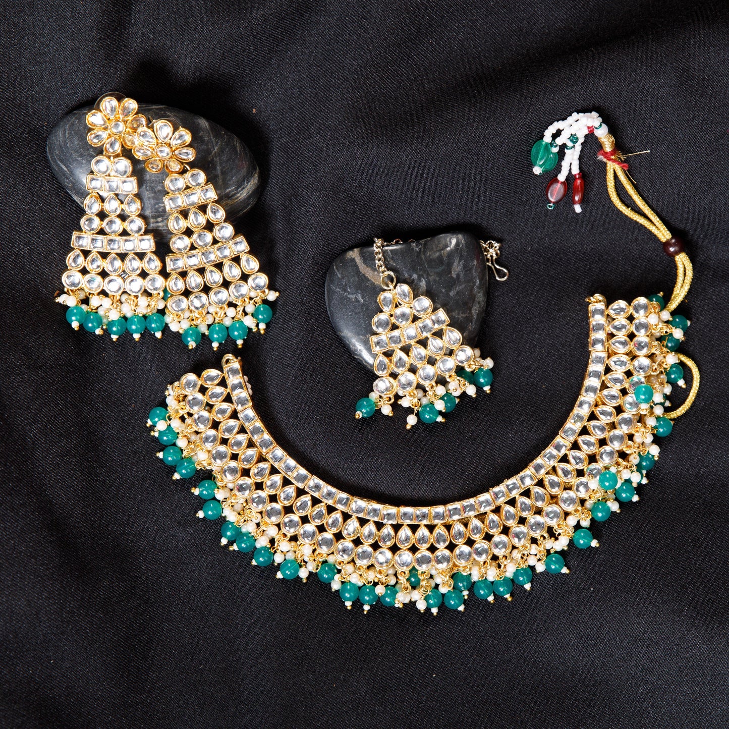 Royal Kundan Choker Necklace Set with Emerald Green Beads