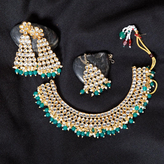 Royal Kundan Choker Necklace Set with Emerald Green Beads