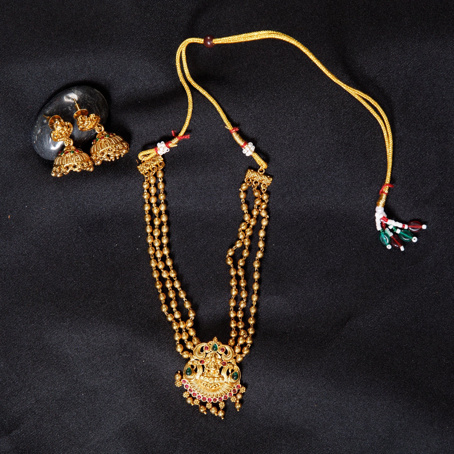 Antique Gold Lakshmi Temple Pendant Necklace Set with Jhumka Earrings