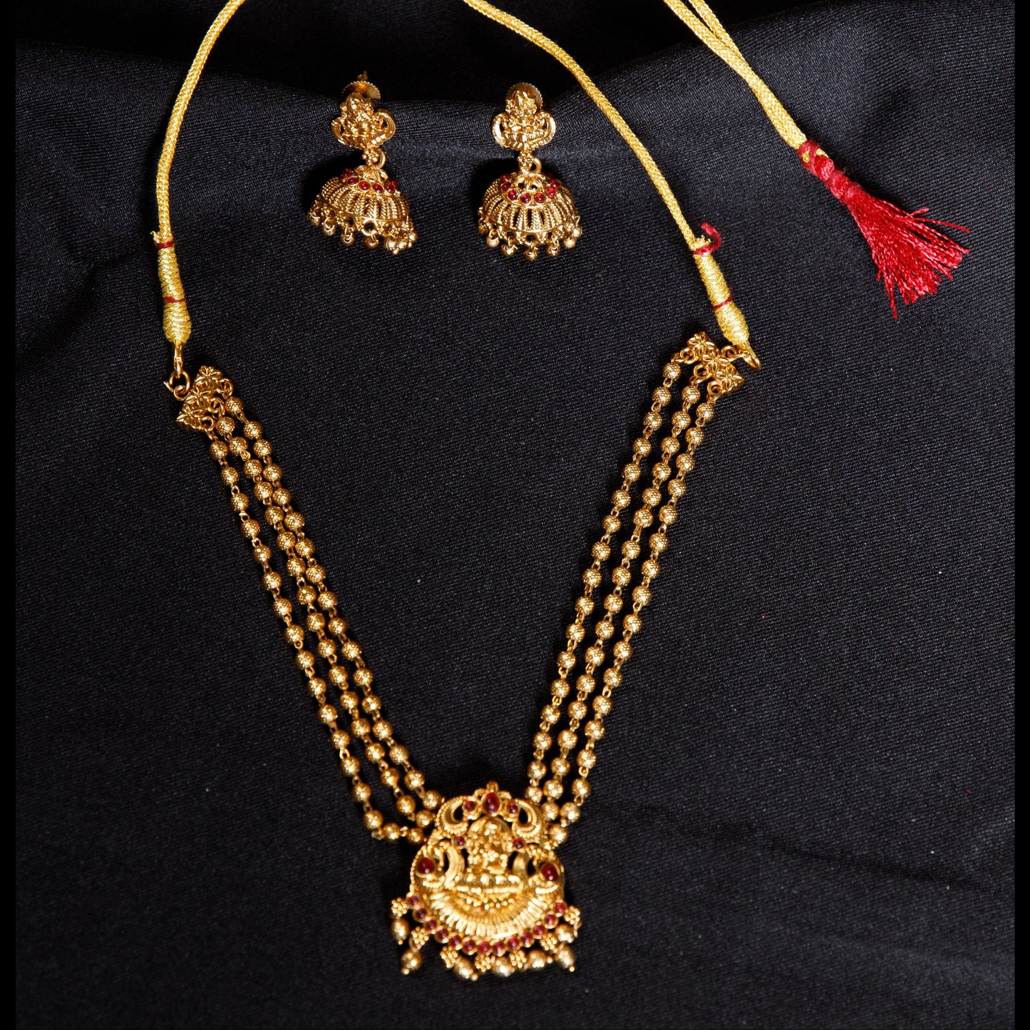 Antique Gold Lakshmi Temple Pendant Necklace Set with Jhumka Earrings