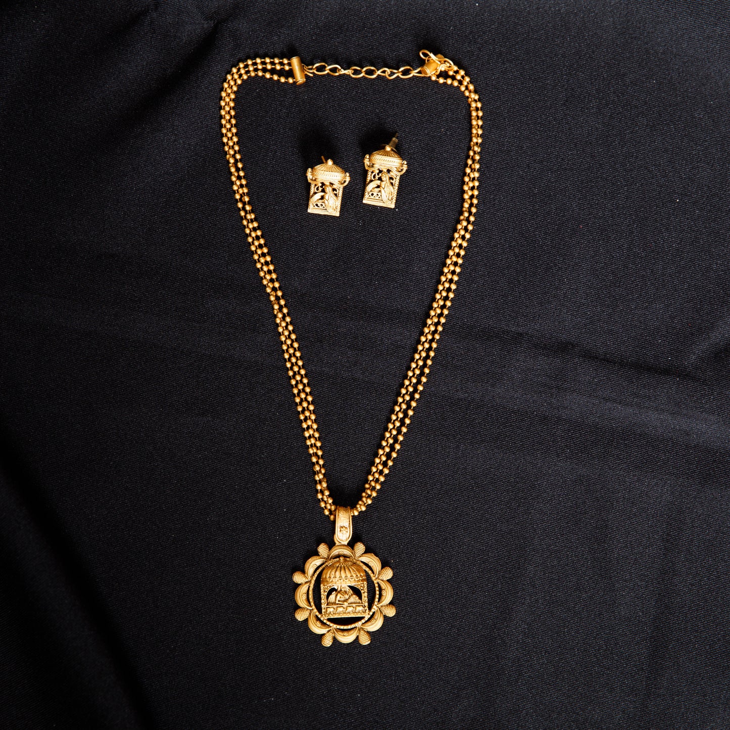 Antique Gold-Finish Temple Necklace Set with Matching Earrings
