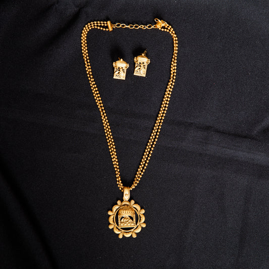 Antique Gold-Finish Temple Necklace Set with Matching Earrings