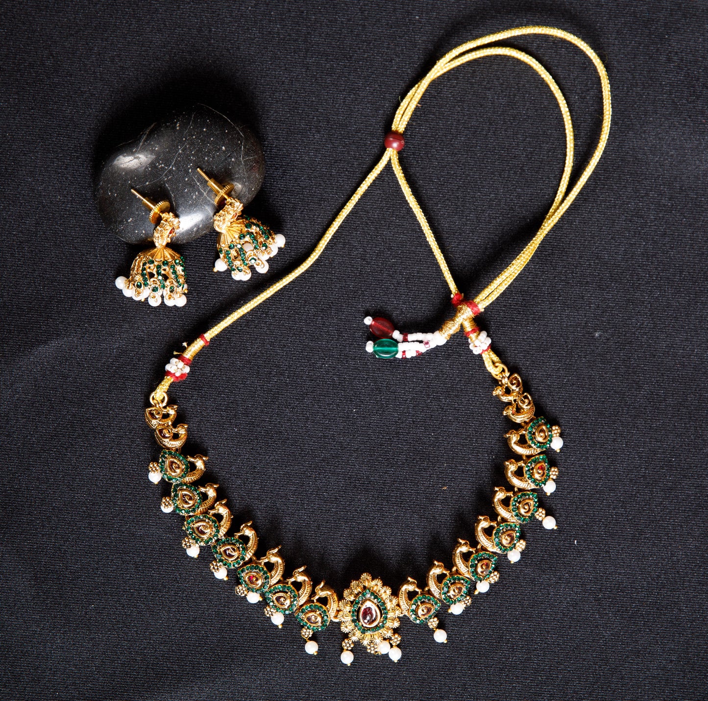 Emerald Green Peacock-Inspired Necklace Set with Pearl Drops