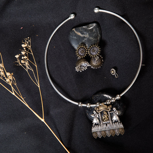 Oxidised Silver Two Tone Hasli Choker Necklace Set