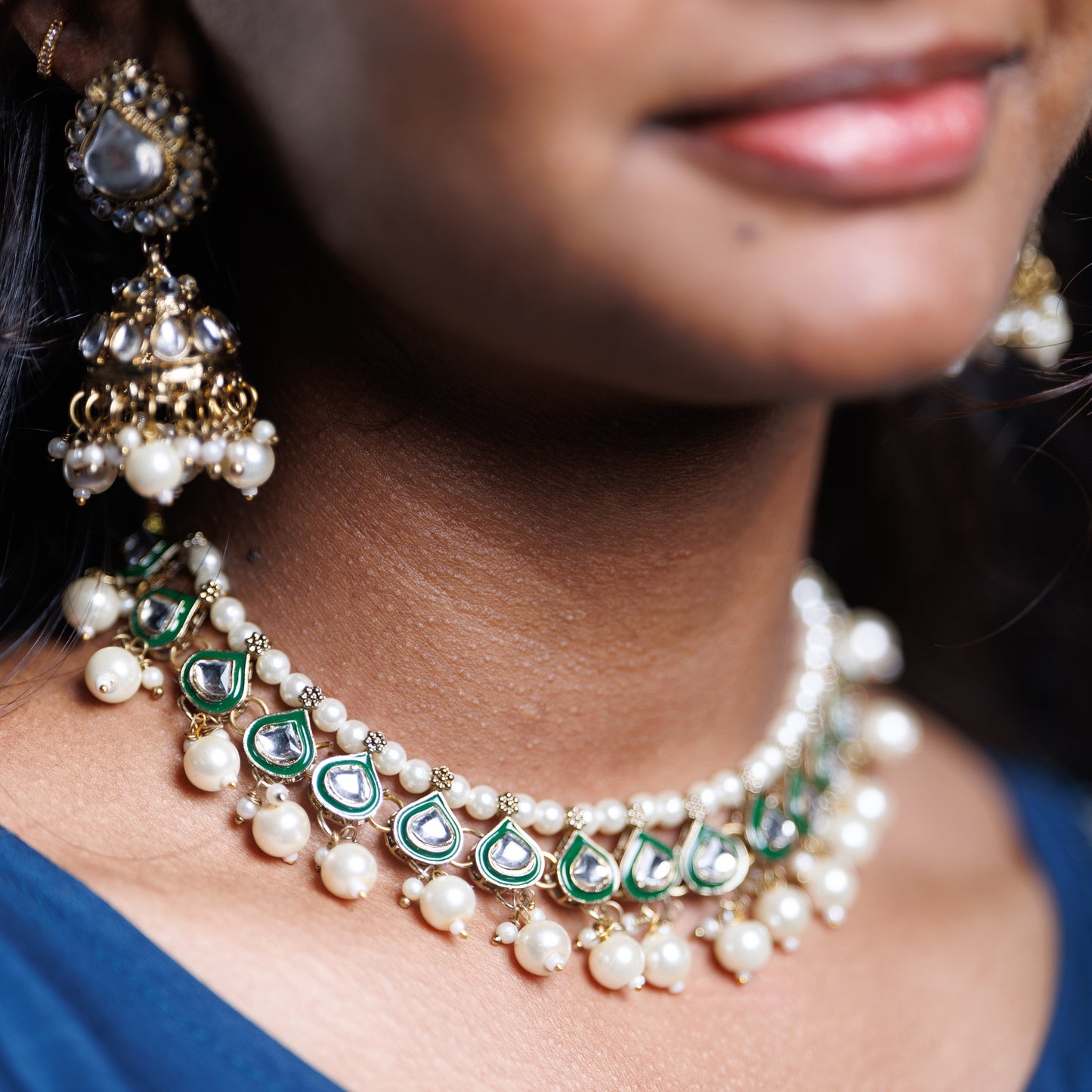 Premium Green Kundan Choker Set with Pearl Drops and Maang Tikka