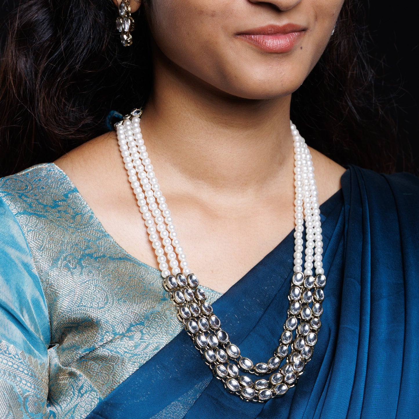 White Pearl & Kundan Layered Necklace Set with Statement Earrings
