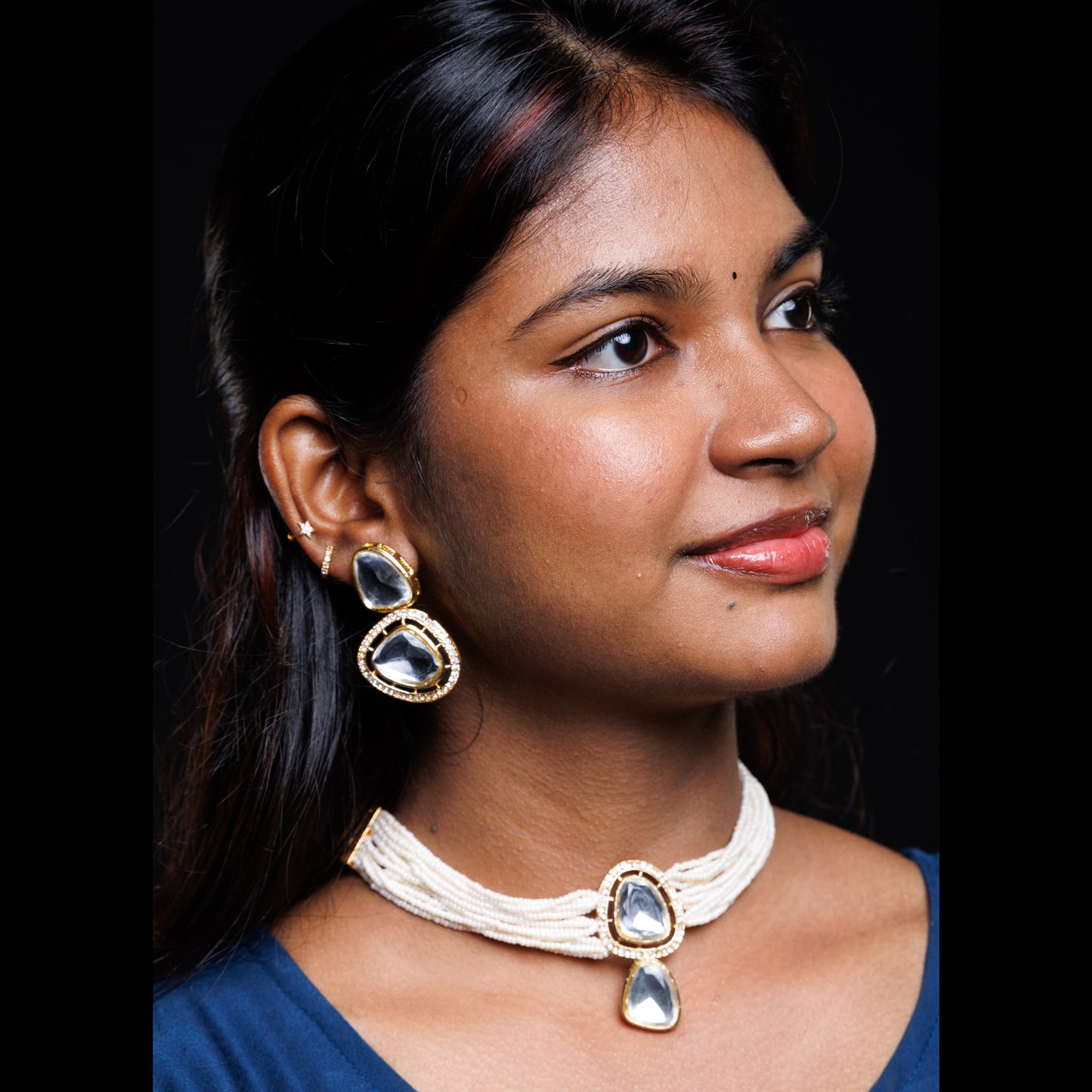 White Pearl Kundan Necklace Set with Statement Earrings