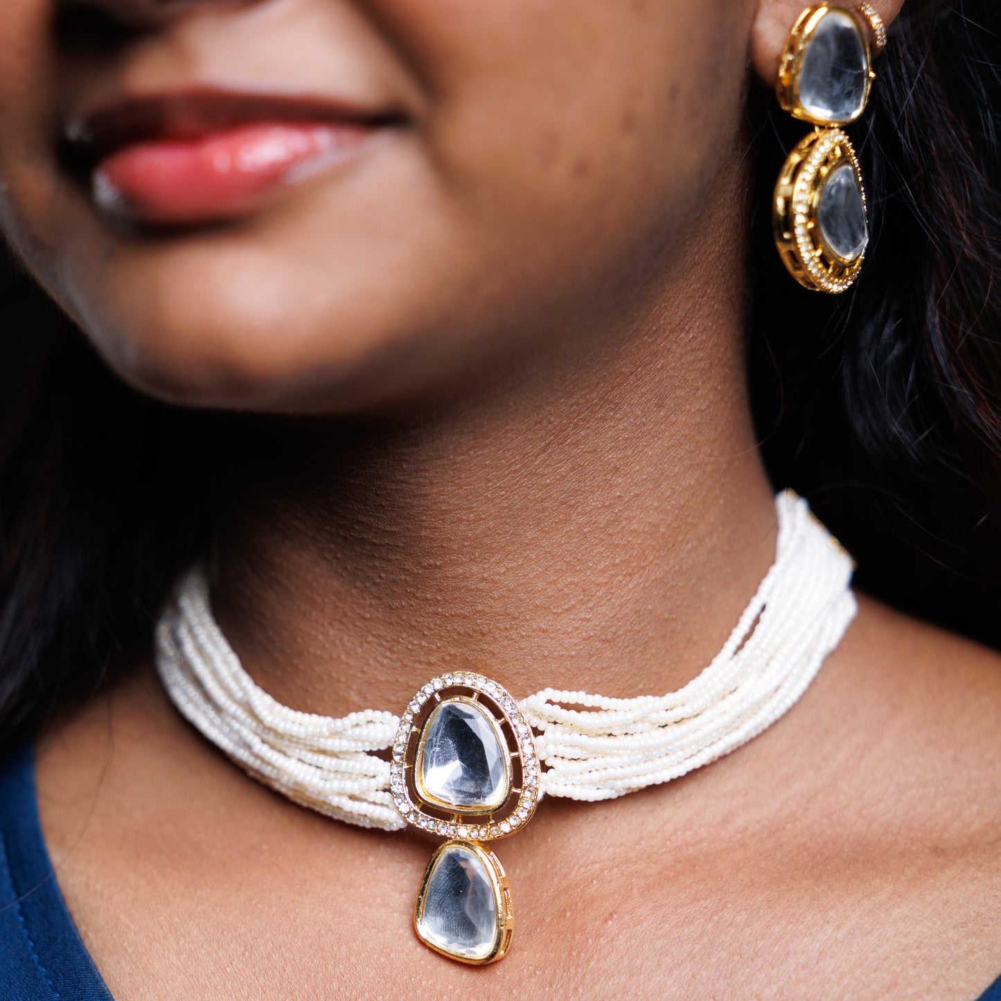 White Pearl Kundan Necklace Set with Statement Earrings