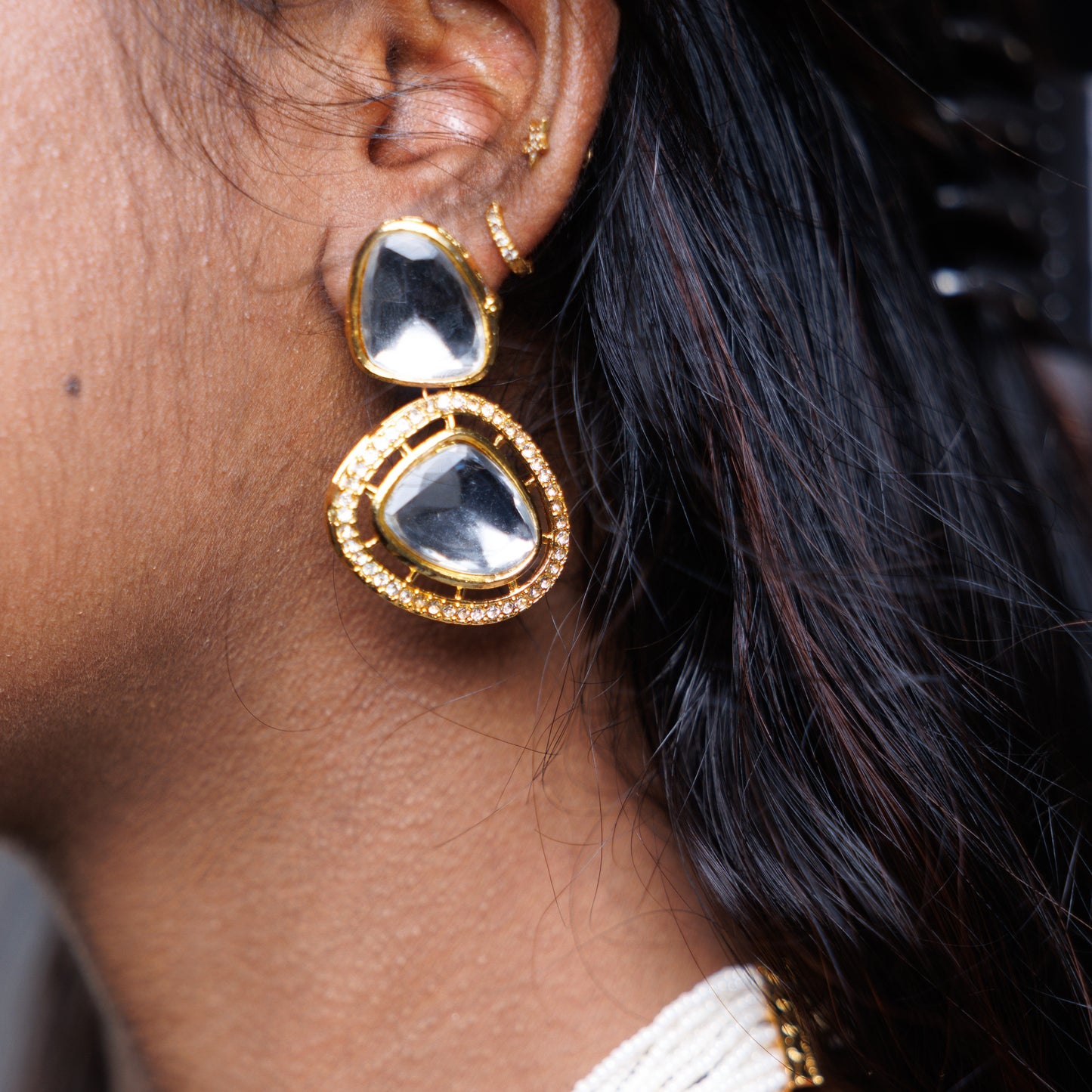 White Pearl Kundan Necklace Set with Statement Earrings