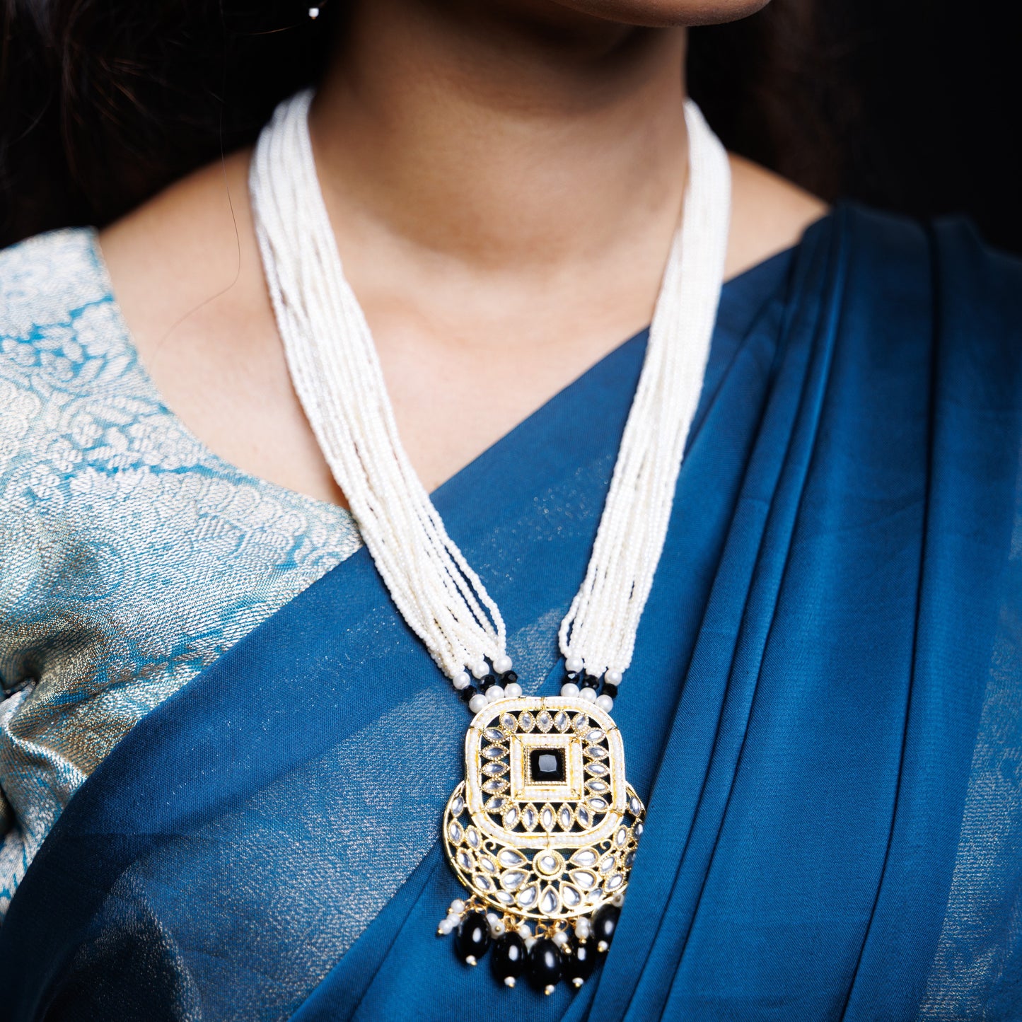 White Pearl Kundan Pendant Necklace Set with Statement Earrings