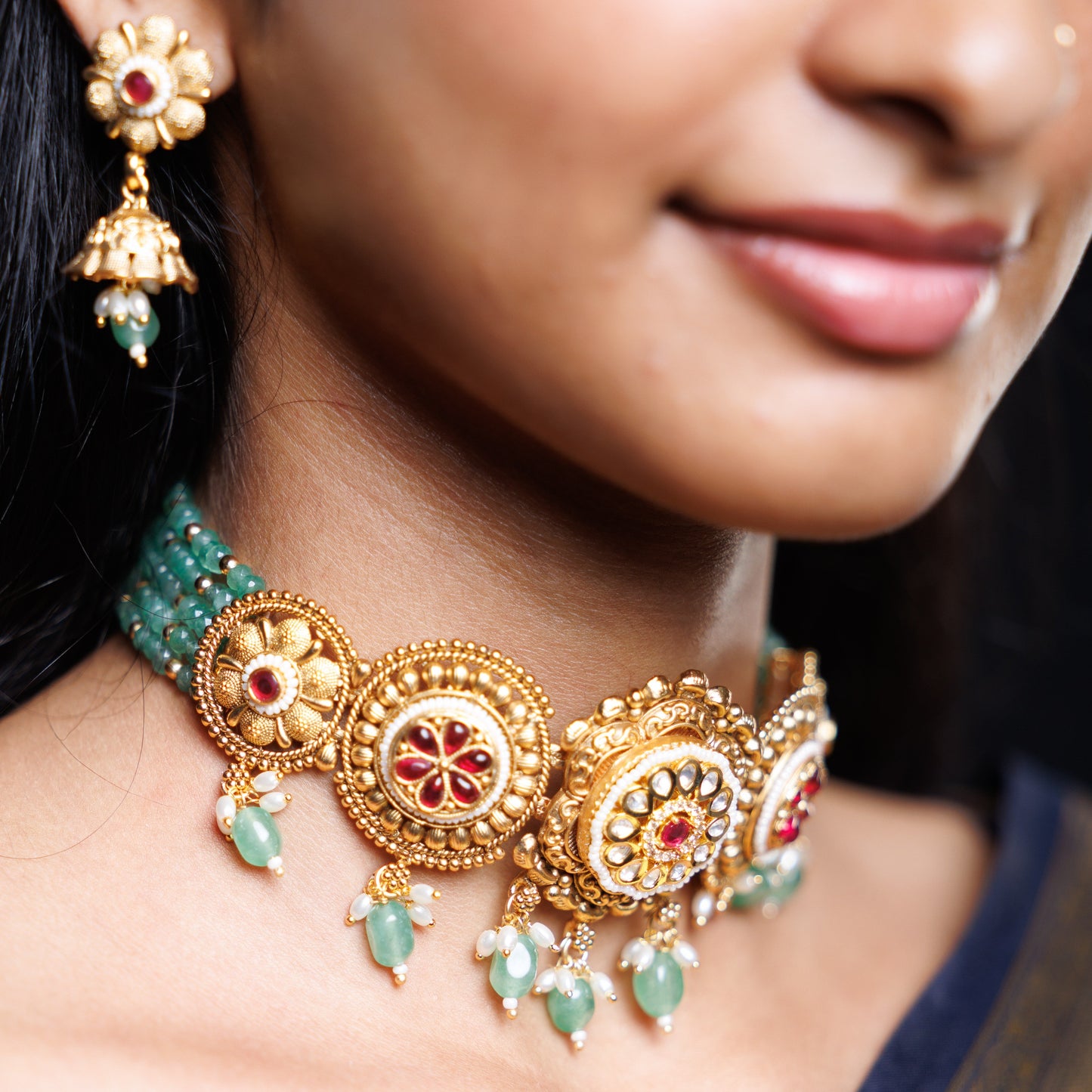 Classic Charm Emerald Green Beaded Statement Necklace Set