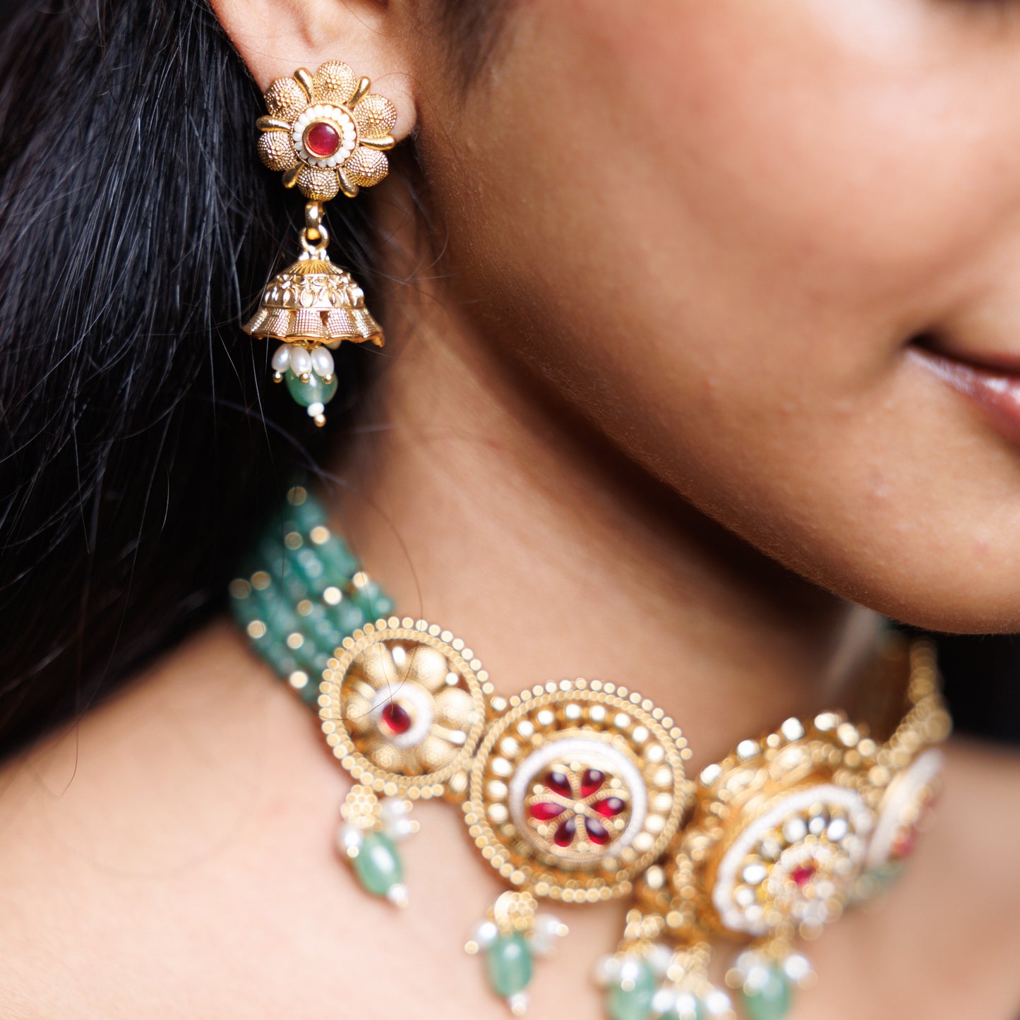 Classic Charm Emerald Green Beaded Statement Necklace Set