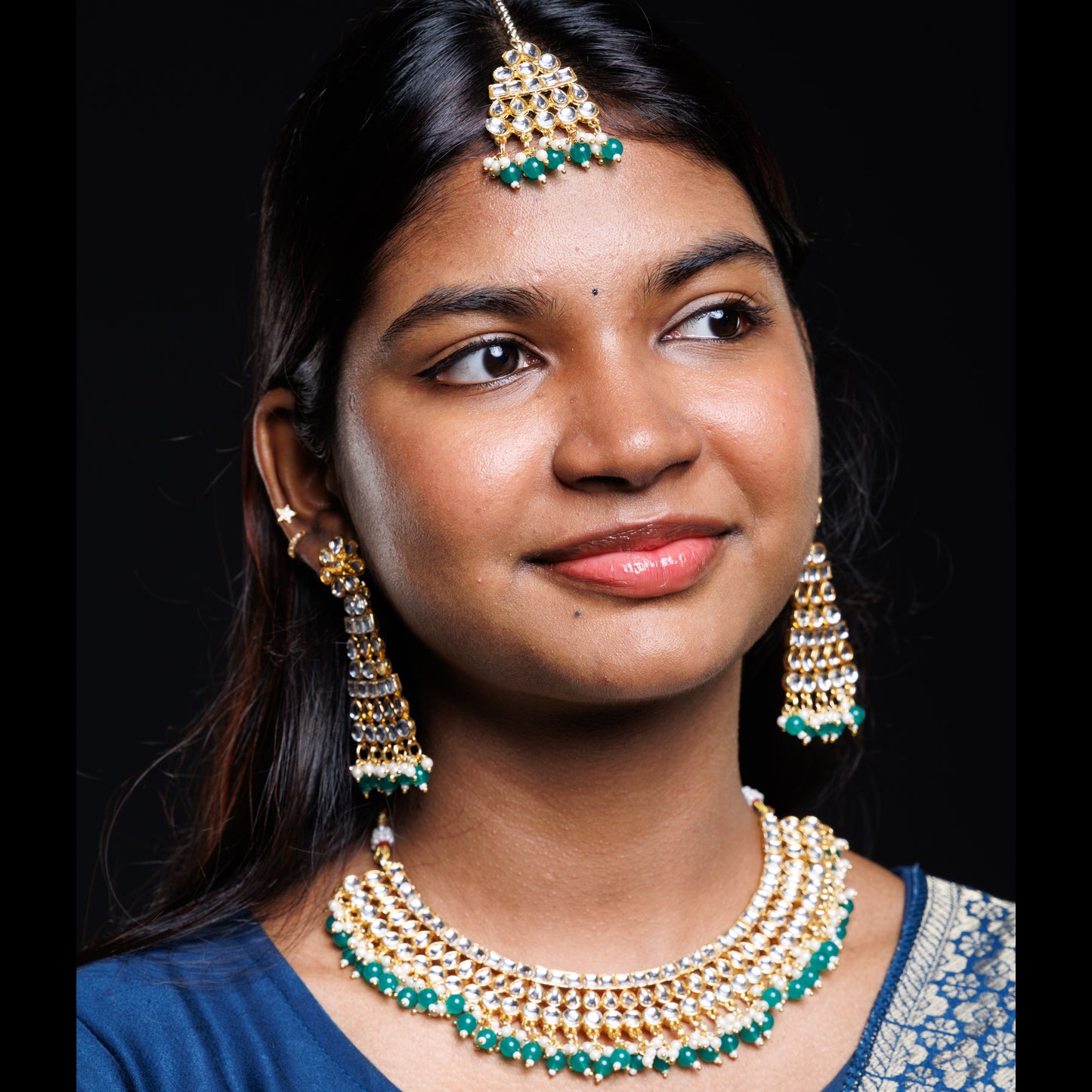 Royal Kundan Choker Necklace Set with Emerald Green Beads