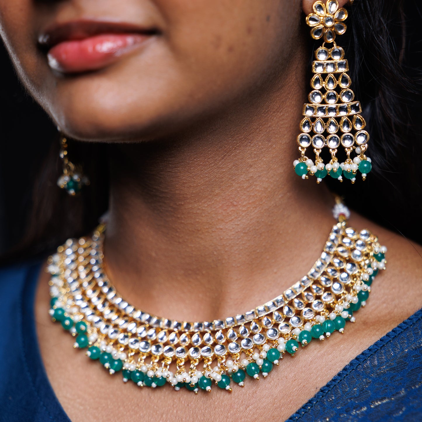 Royal Kundan Choker Necklace Set with Emerald Green Beads