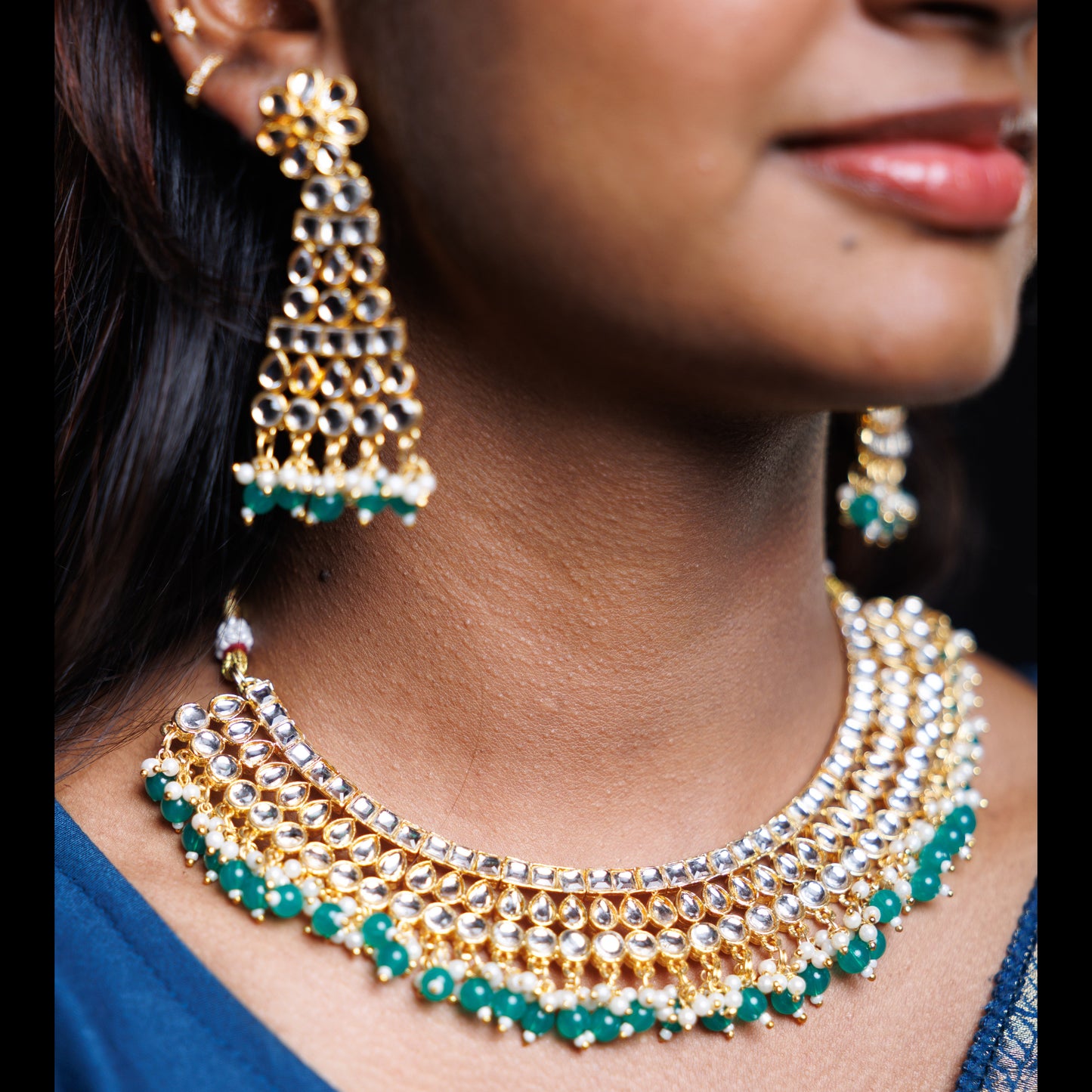 Royal Kundan Choker Necklace Set with Emerald Green Beads