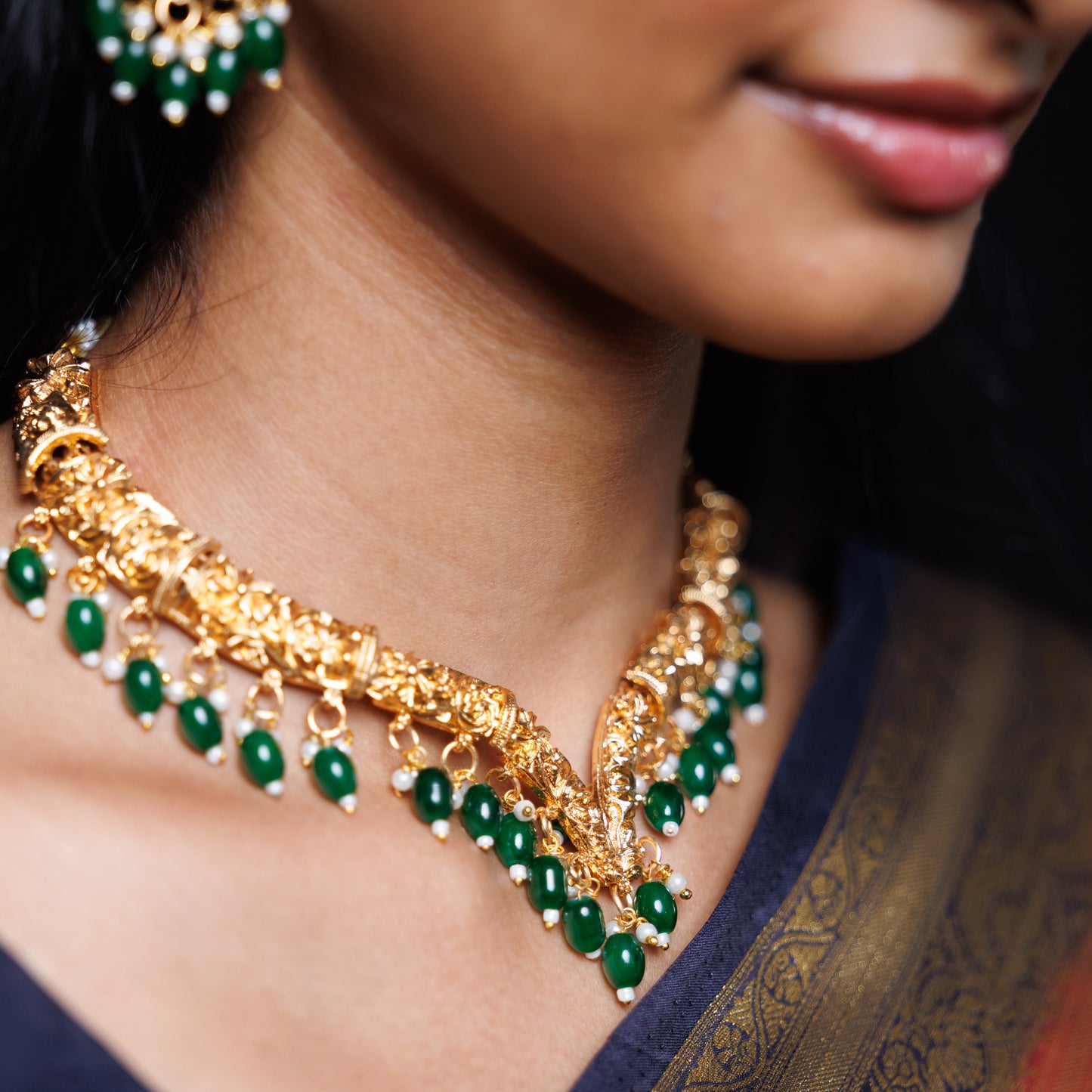 Antique Gold Floral Temple Necklace Set