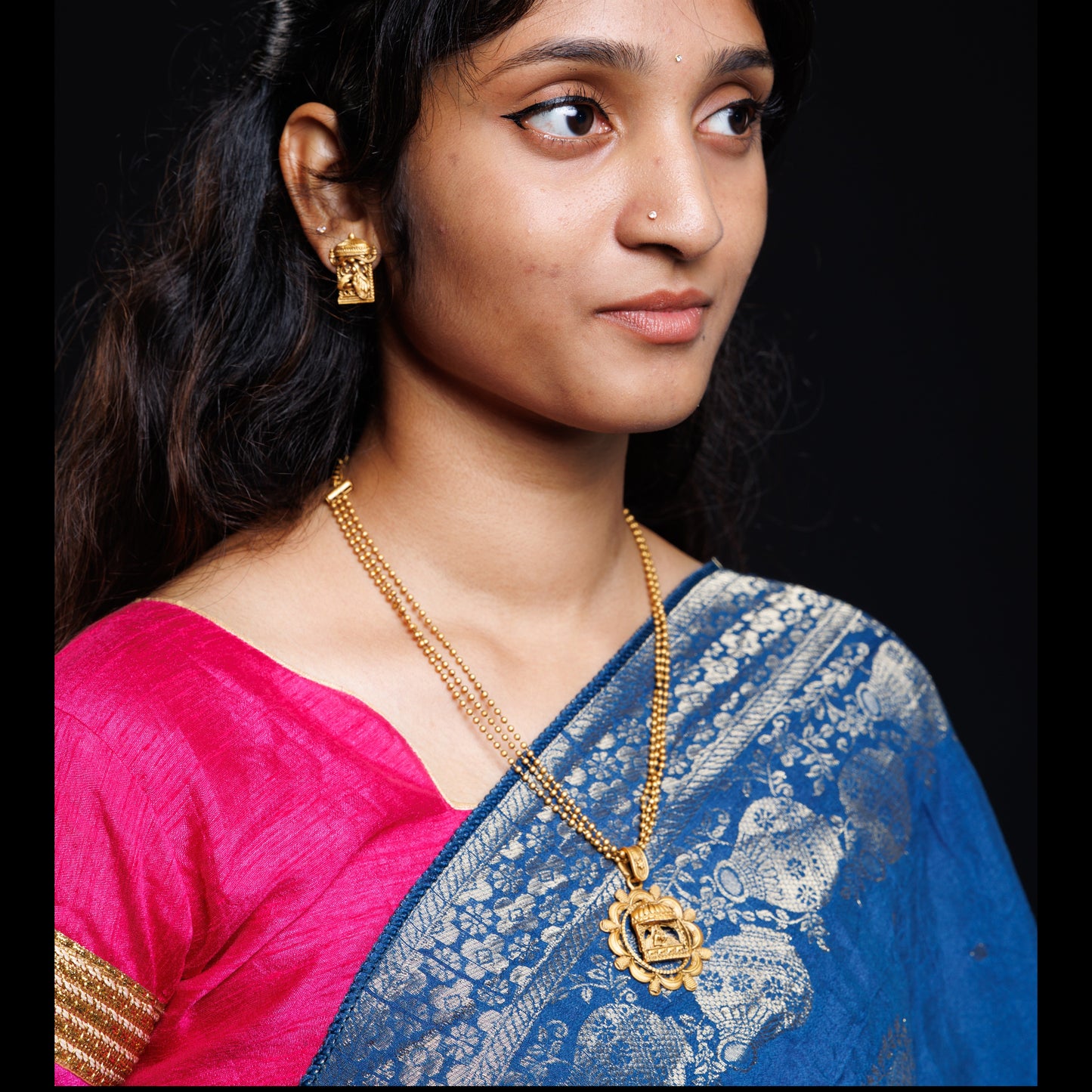 Antique Gold-Finish Temple Necklace Set with Matching Earrings