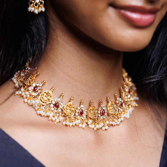 Royal Lakshmi Temple Choker Set with Pearl Detailing