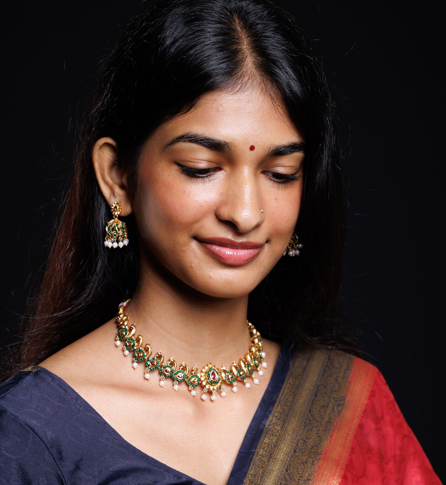 Emerald Green Peacock-Inspired Necklace Set with Pearl Drops