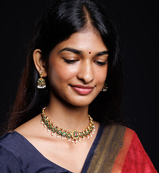 Emerald Green Peacock-Inspired Necklace Set with Pearl Drops