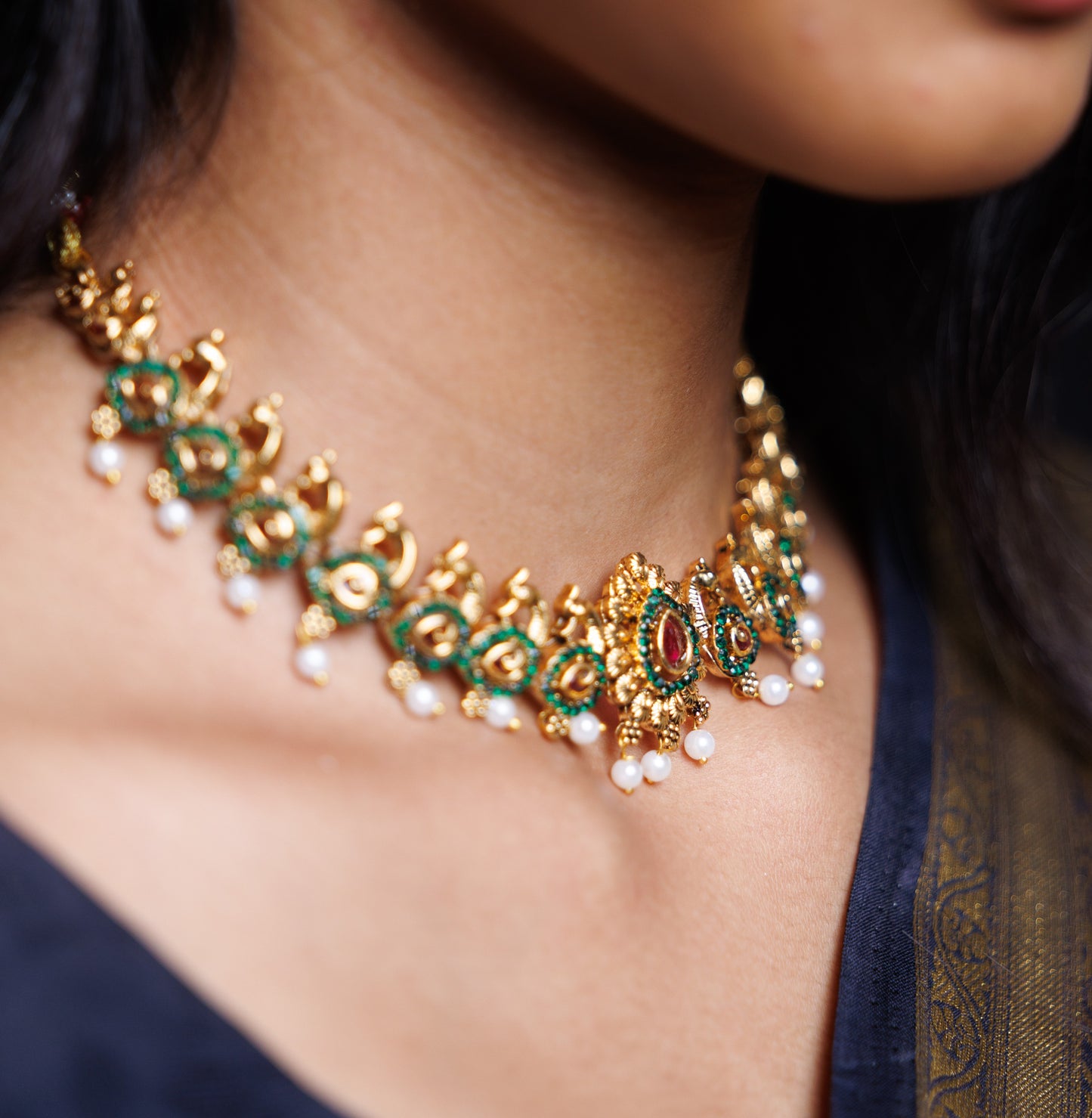Emerald Green Peacock-Inspired Necklace Set with Pearl Drops