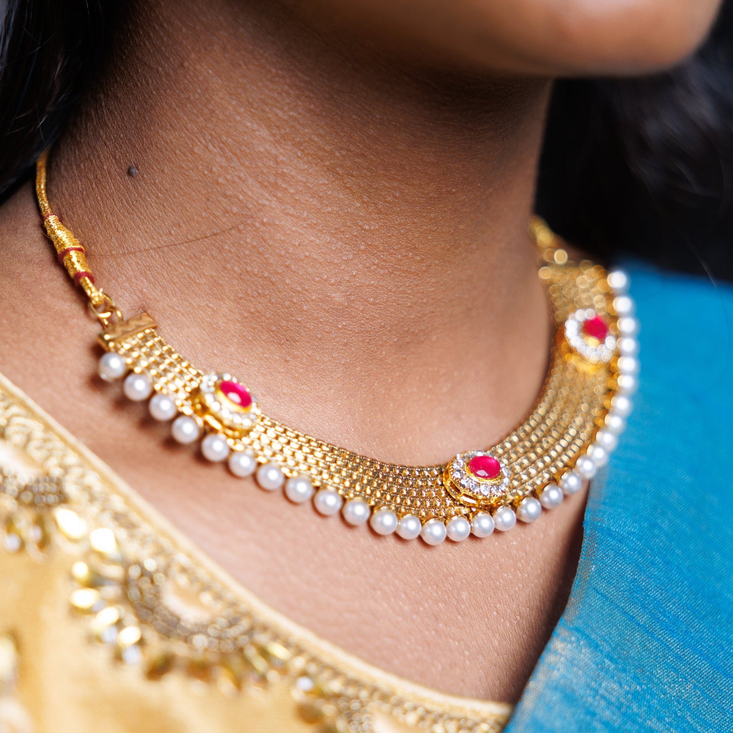 Elegant Ruby & Pearl Necklace Set