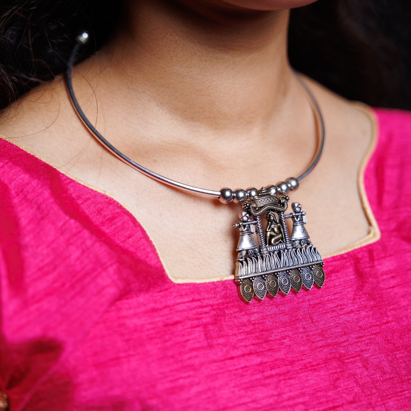 Oxidised Silver Two Tone Hasli Choker Necklace Set