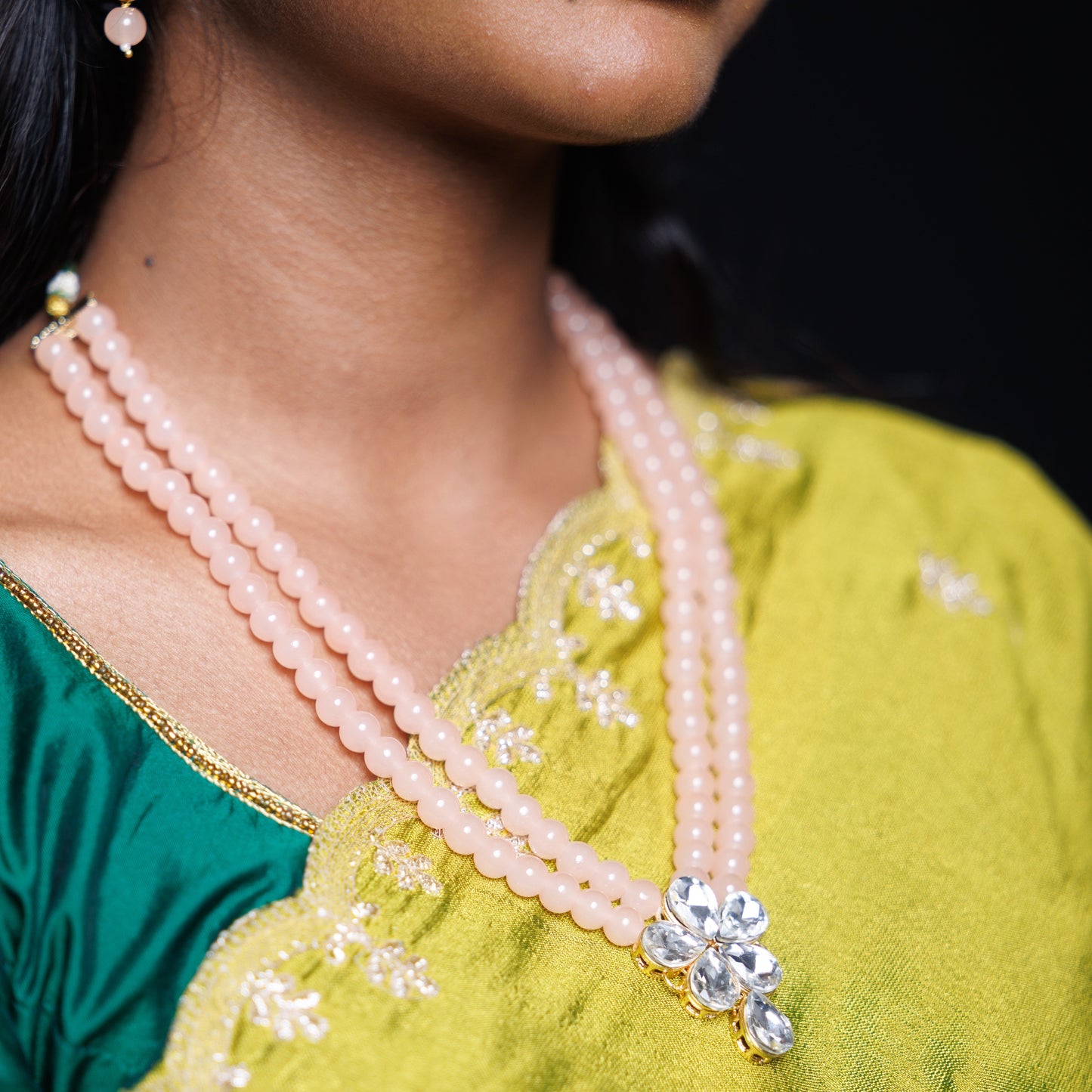Peach Beaded Floral Crystal Necklace Set with Statement Earrings