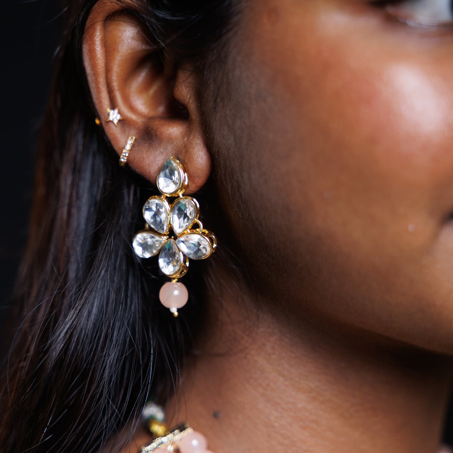 Peach Beaded Floral Crystal Necklace Set with Statement Earrings