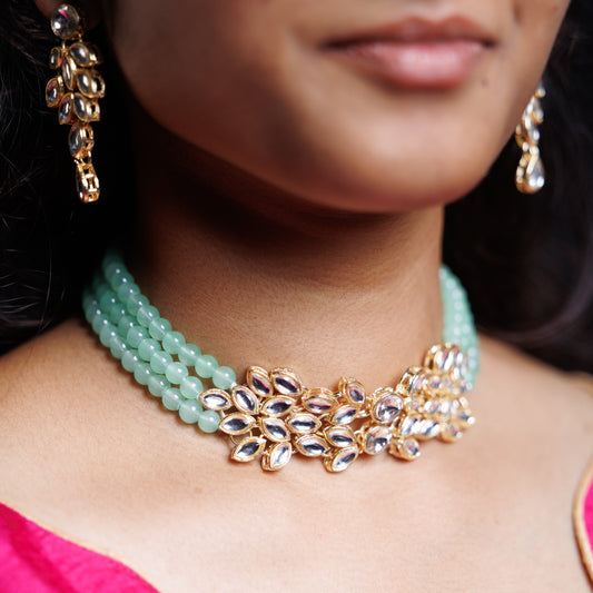 Kundan Beads Choker Set with Matching Earrings & Maang Tikka