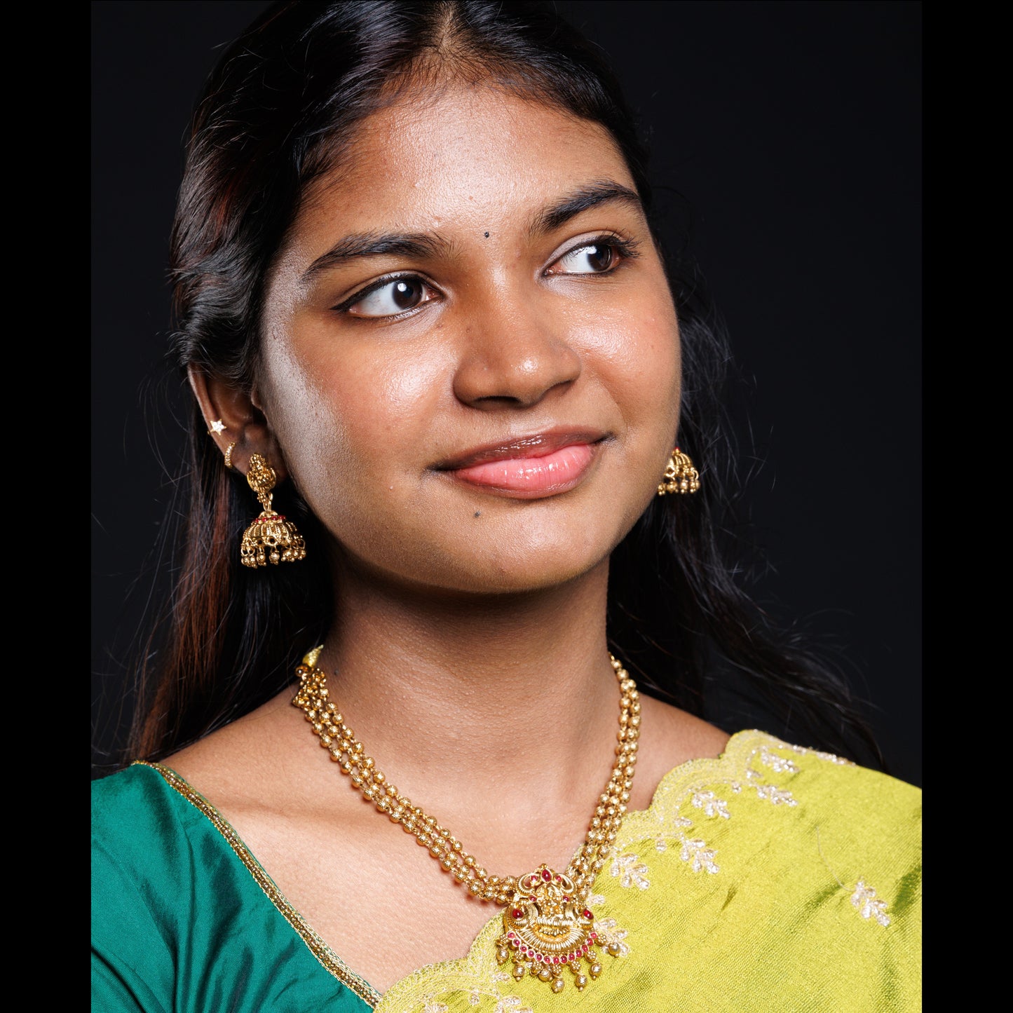 Antique Gold Lakshmi Temple Pendant Necklace Set with Jhumka Earrings