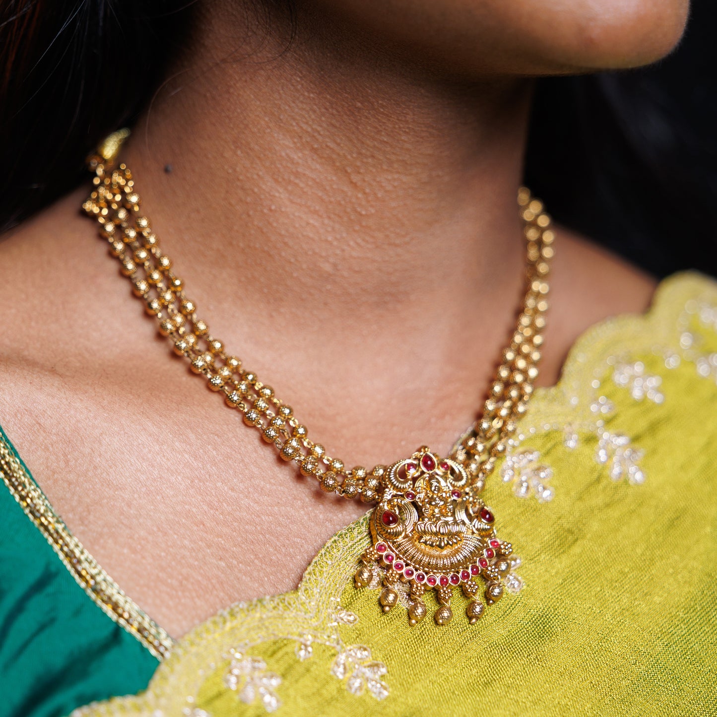 Antique Gold Lakshmi Temple Pendant Necklace Set with Jhumka Earrings