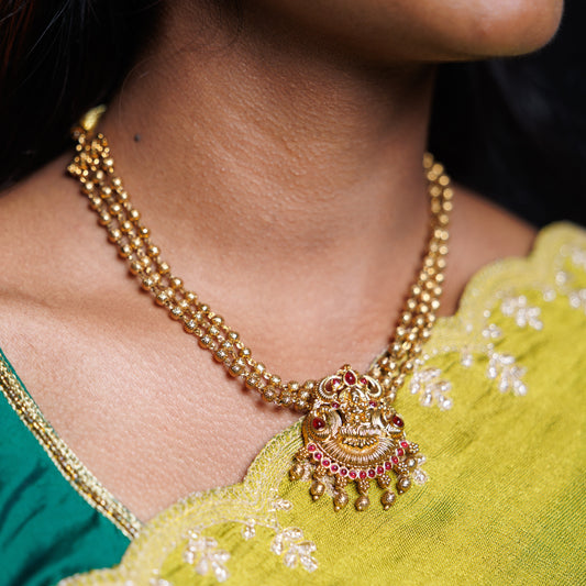 Antique Gold Lakshmi Temple Pendant Necklace Set with Jhumka Earrings