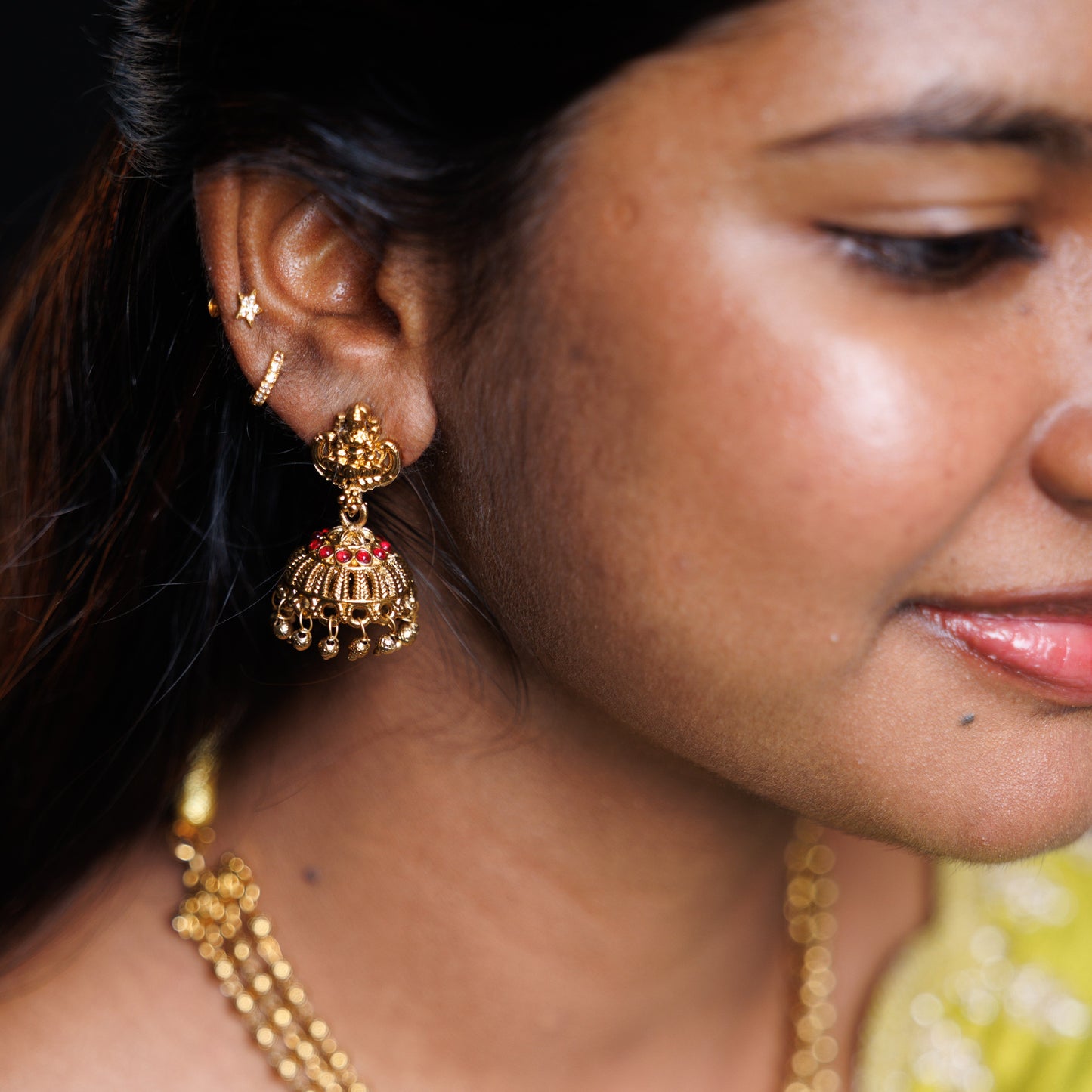 Antique Gold Lakshmi Temple Pendant Necklace Set with Jhumka Earrings