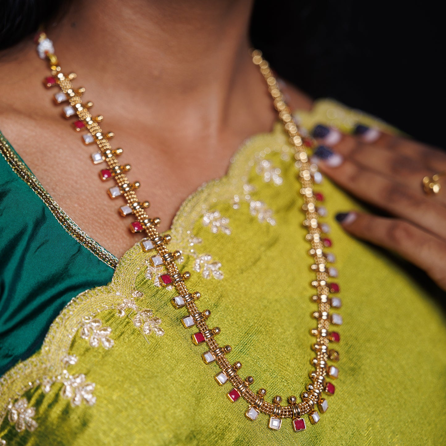 Classic Ruby and Pearl Minimal Temple  Necklace Set