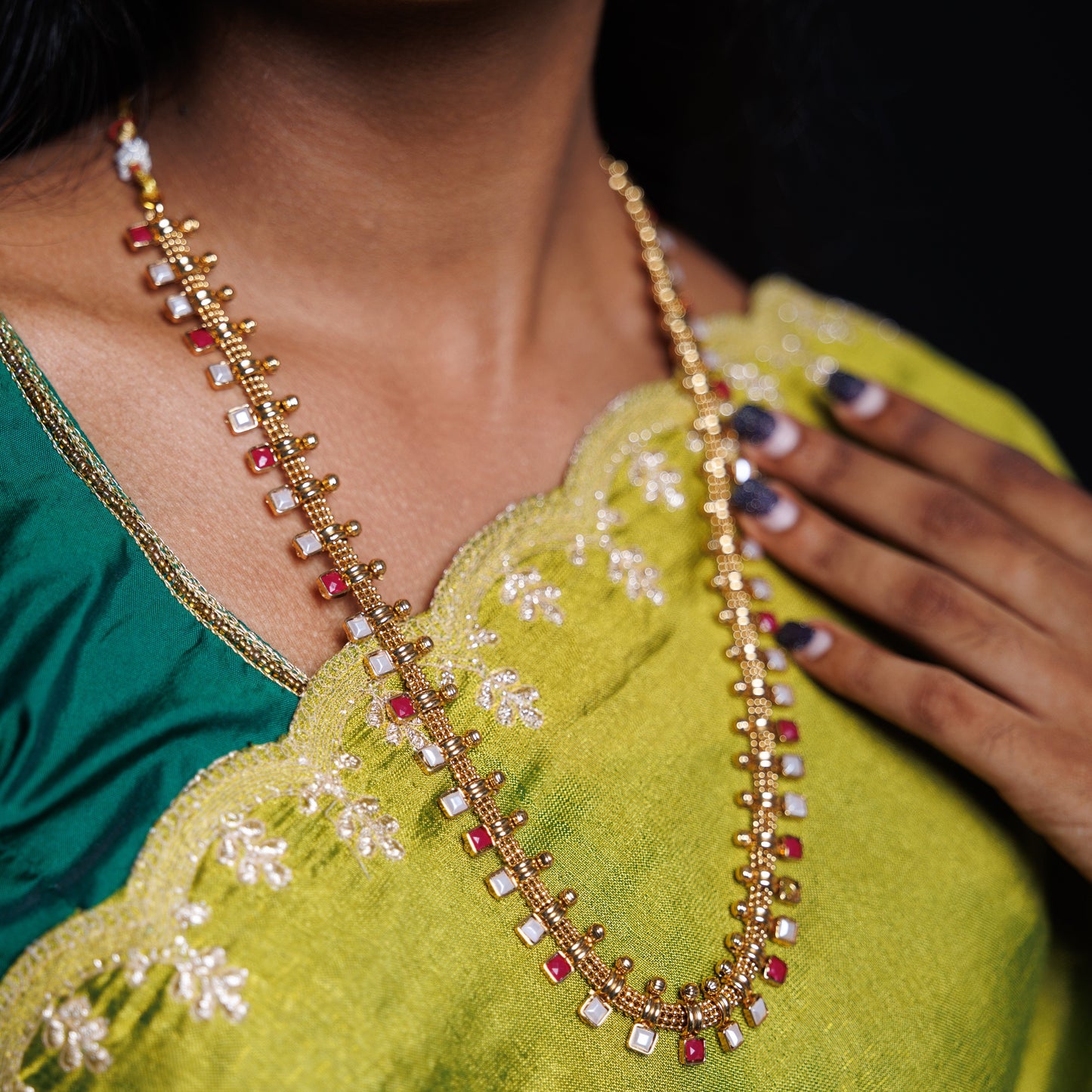 Classic Ruby and Pearl Minimal Temple  Necklace Set