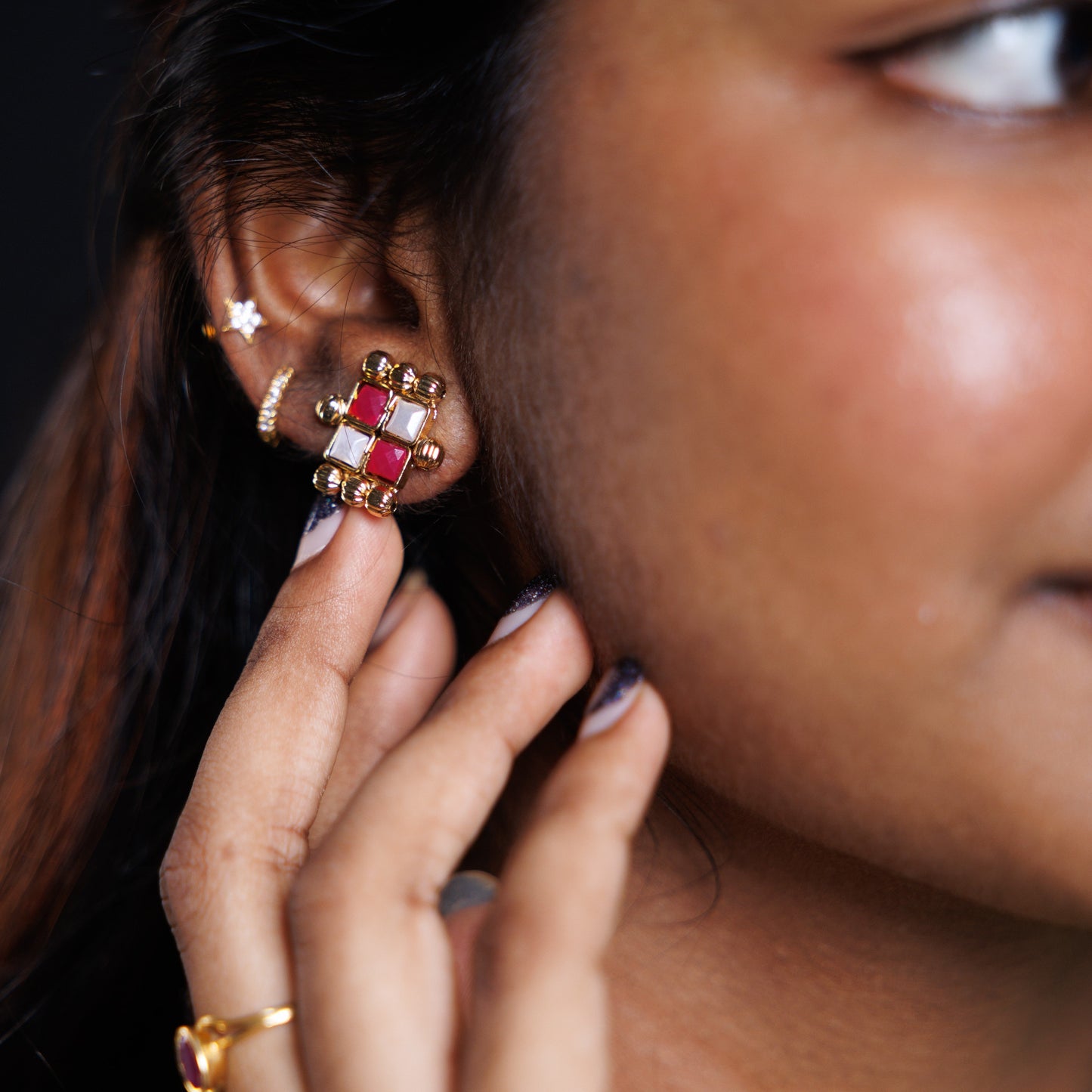 Classic Ruby and Pearl Minimal Temple  Necklace Set
